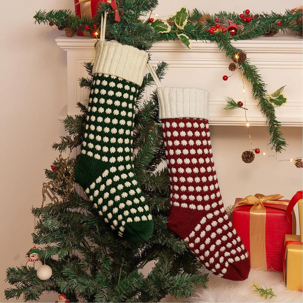 S ,18" Unique Burgundy and Green Knit Christmas Stockings Dots Style (Length 18",Pack 2) - Set of 2
