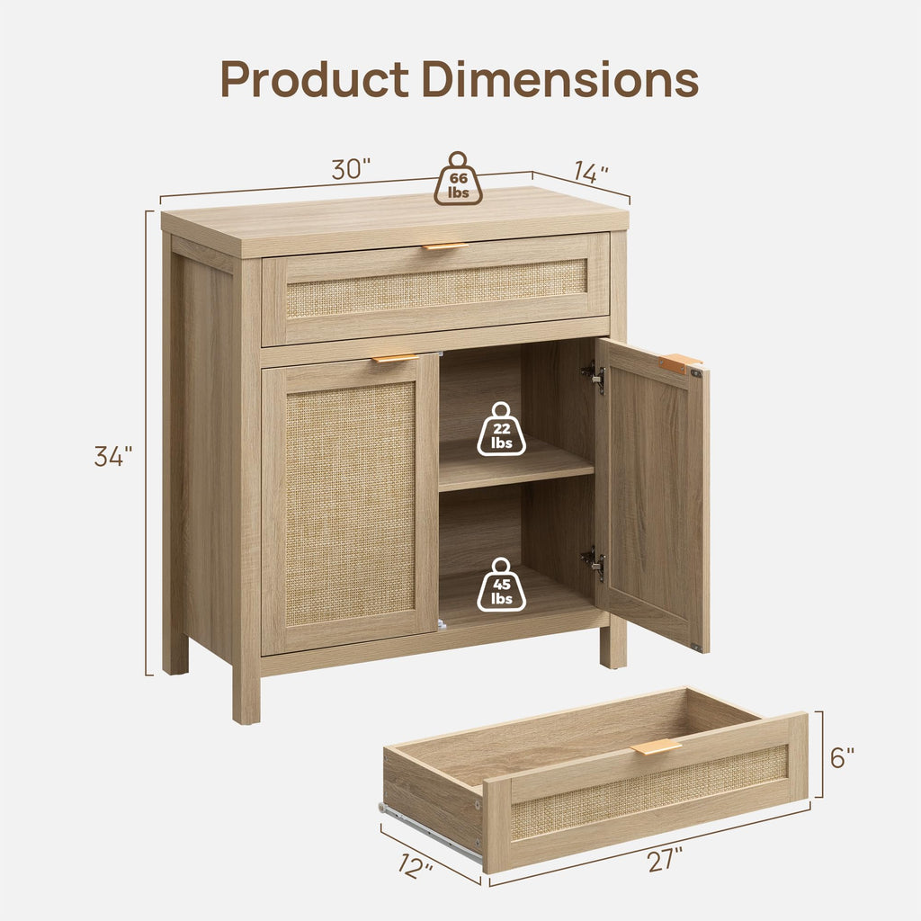 Sideboard Buffet Storage Cabinet Set of 2, Rattan Credenza Buffet