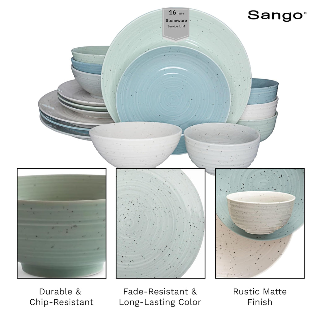 Siterra Artist's Blend 16-Piece Stoneware Dinnerware Set for 4, Green, Cream & White Glossy Dishes with Speckles