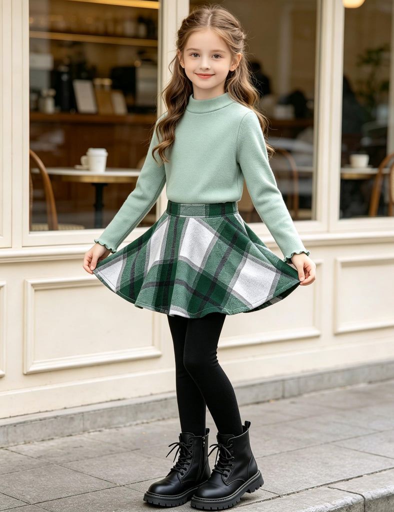 Toddler Girls Clothes Girls Clothes Long Sleeve Crew Neck Knit Shirts and Green White Plaid Skirt Leggings