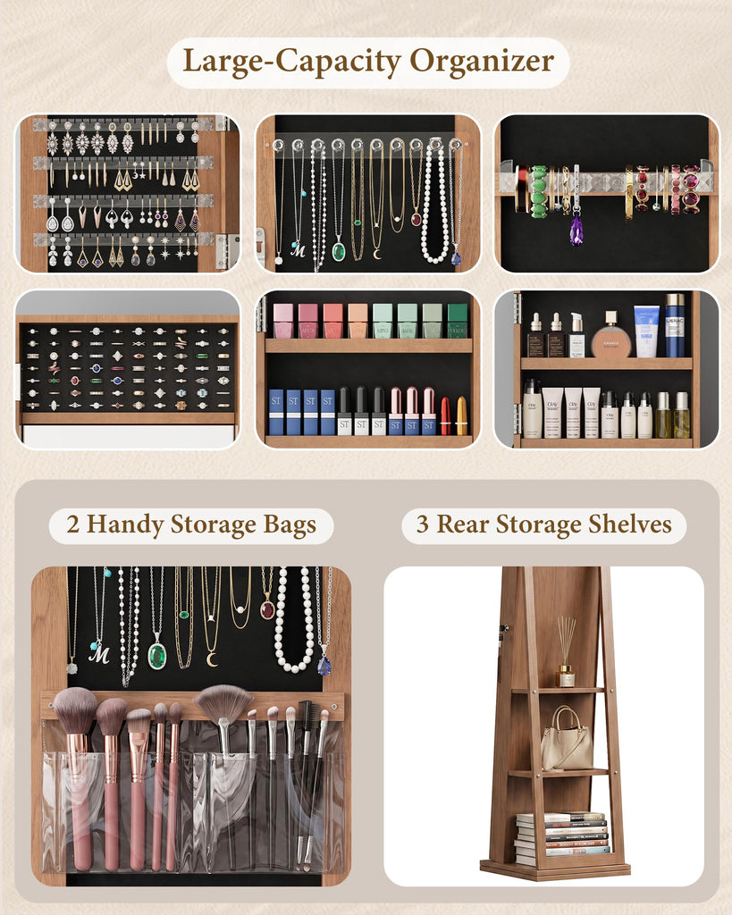 360° Swivel Jewelry Cabinet with Full-Length Mirror, Lockable, Brown
