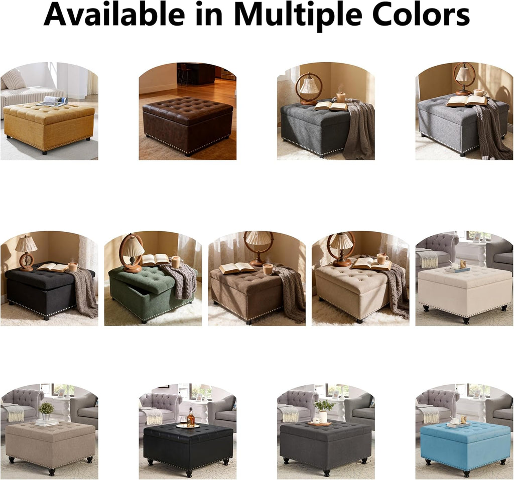 Brown PU Leather Large Square Storage Ottoman with Nailhead Trim ,30" Vintage Faux Leather Upholstered Ottoman Coffee