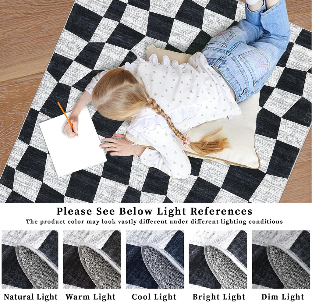 Washable Area Rugs 9x12 Rug Checkered Modern Bedroom Rug Geometric Black Rug Large Area Rug Non Slip Throw Rugs Low