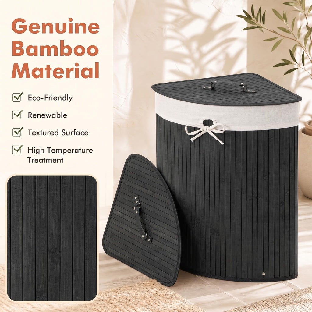 Corner Bamboo Laundry Hamper with Lid and Removable Liner, Washing Clothes Basket Storage Bin with Handle, Suitable