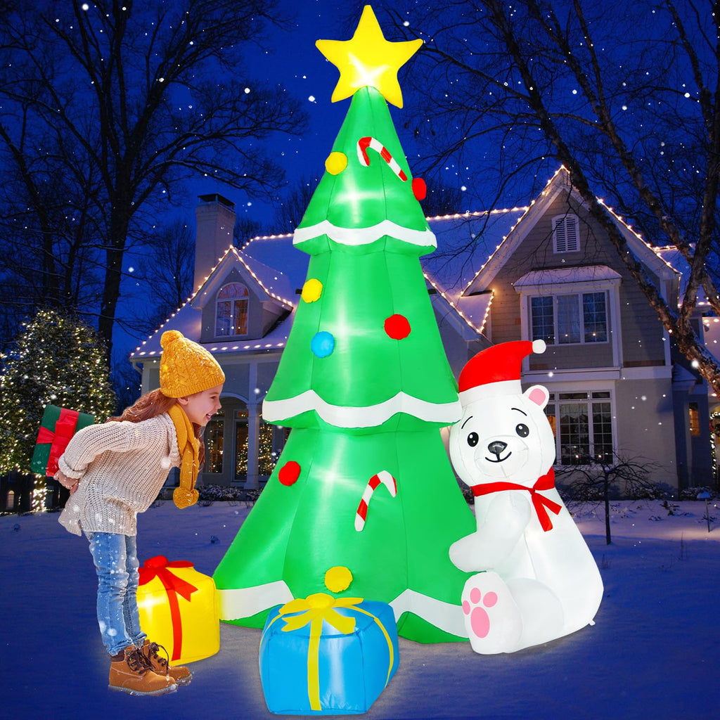 8FT Inflatable Tree Christmas Decorations Outdoor, Xmas Inflatables Polar Bear Holding Christmas Tree Built-in LEDs