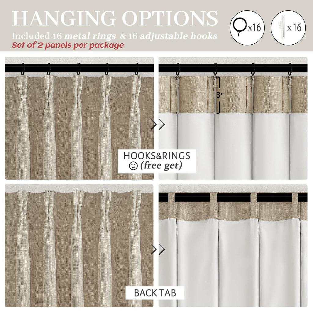 High Ceiling Room Darkening Natural Linen Curtains 108 Inches Long 2 Panels Set, Neutral Pinch Pleated Light Beige