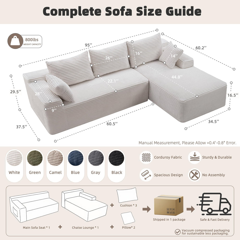 95" L‐Shaped Modular Cloud Corduroy Boneless Sectional Sofa