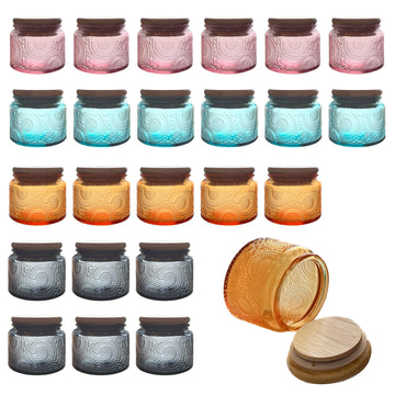 4 oz Colored Mini Glass Jars with Airtight Bamboo Lids 24 pack, Decorative Small Food Storage Canister, Vintage