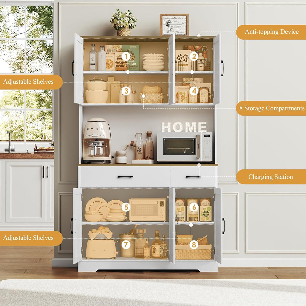 71"H Kitchen Pantry Storage Cabinet, Farmhouse Hutch Cabinet, White | Space-Saving Pantry Cabinet with Charging