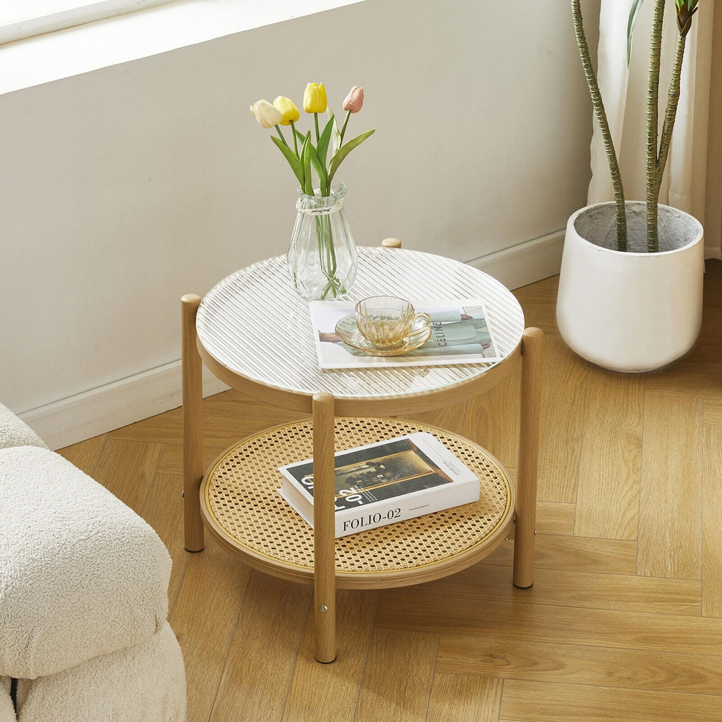 19.6" Boho Rattan Coffee Table, Round Tempered Glass Metal