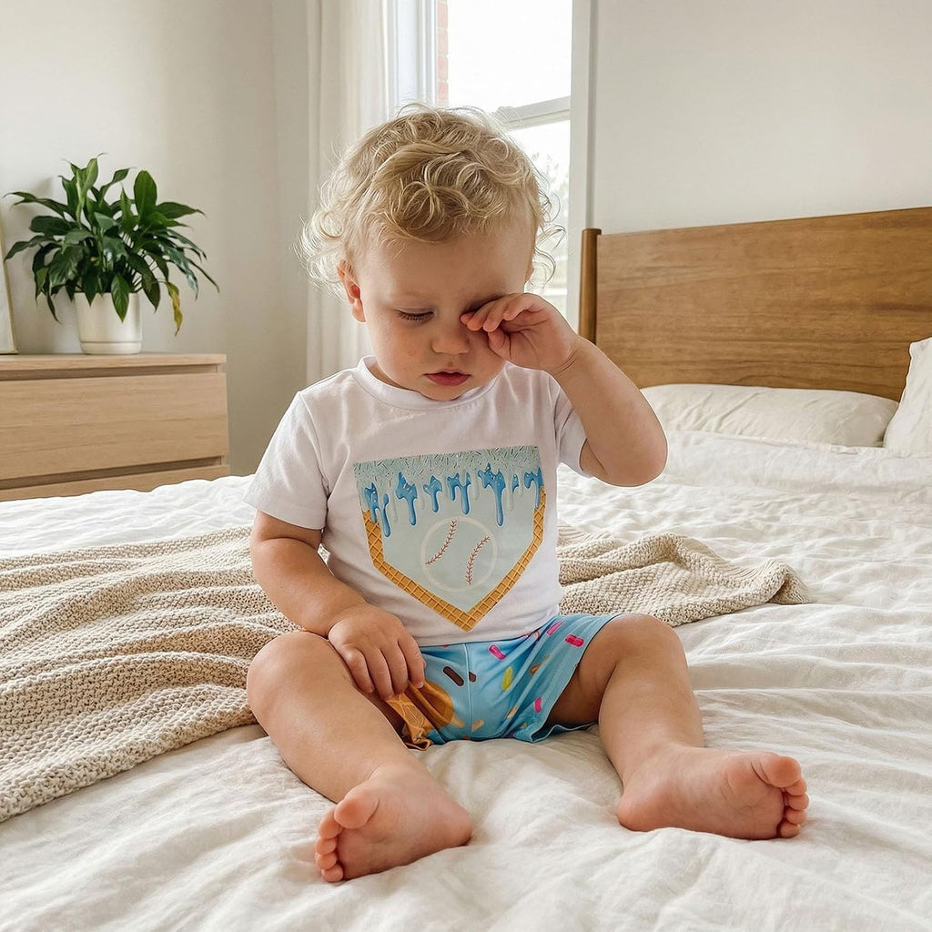 Toddler Baby Boy Summer Outfits Short Sleeve Ice Cream Baseball T-Shirt with Shorts 2Pcs Casual Clothes Set