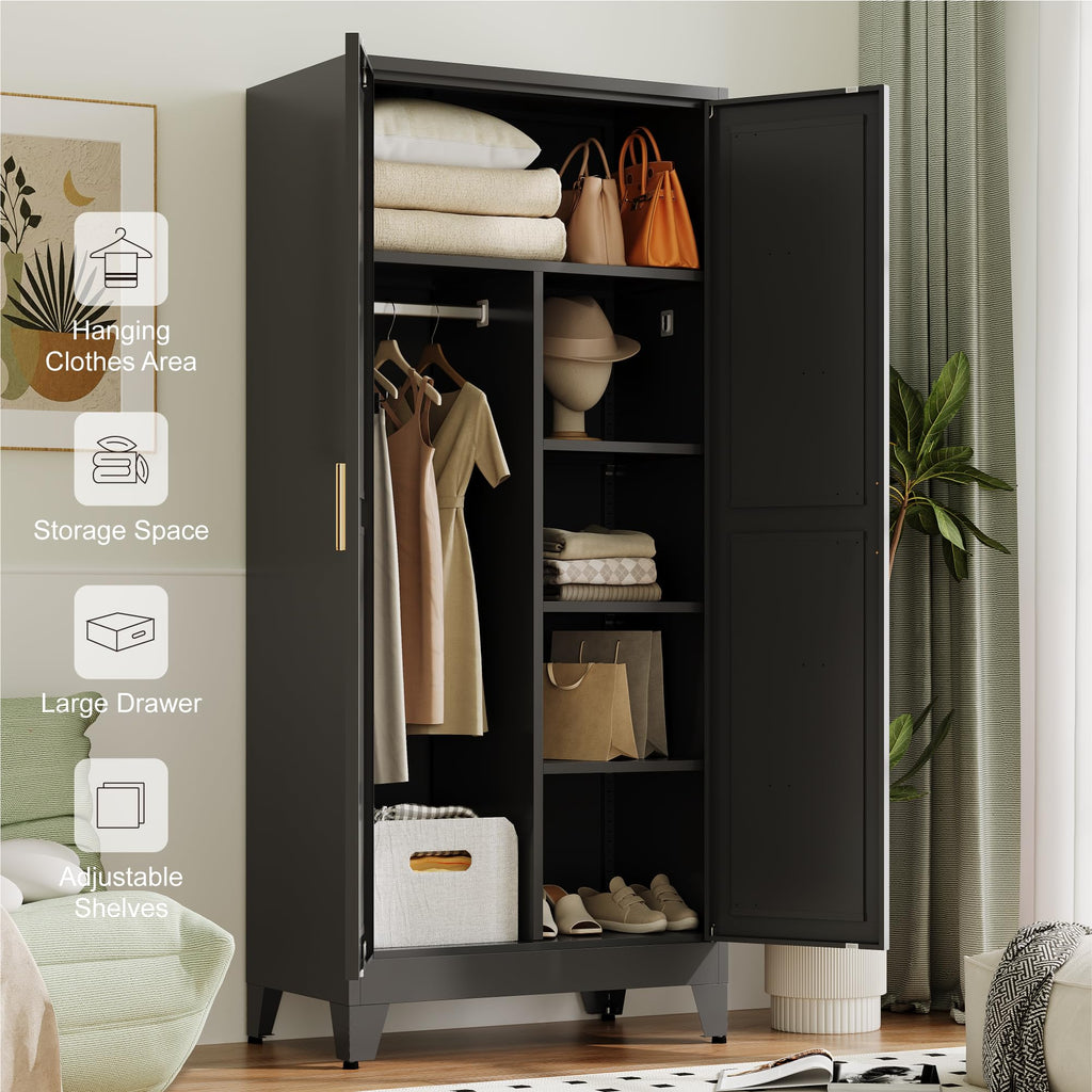 Metal Wardrobe Cabinet with Hanging Rod, Large 71" Armoire Wardrobe Closet with Adjustable Shelves and Doors, Farmhouse