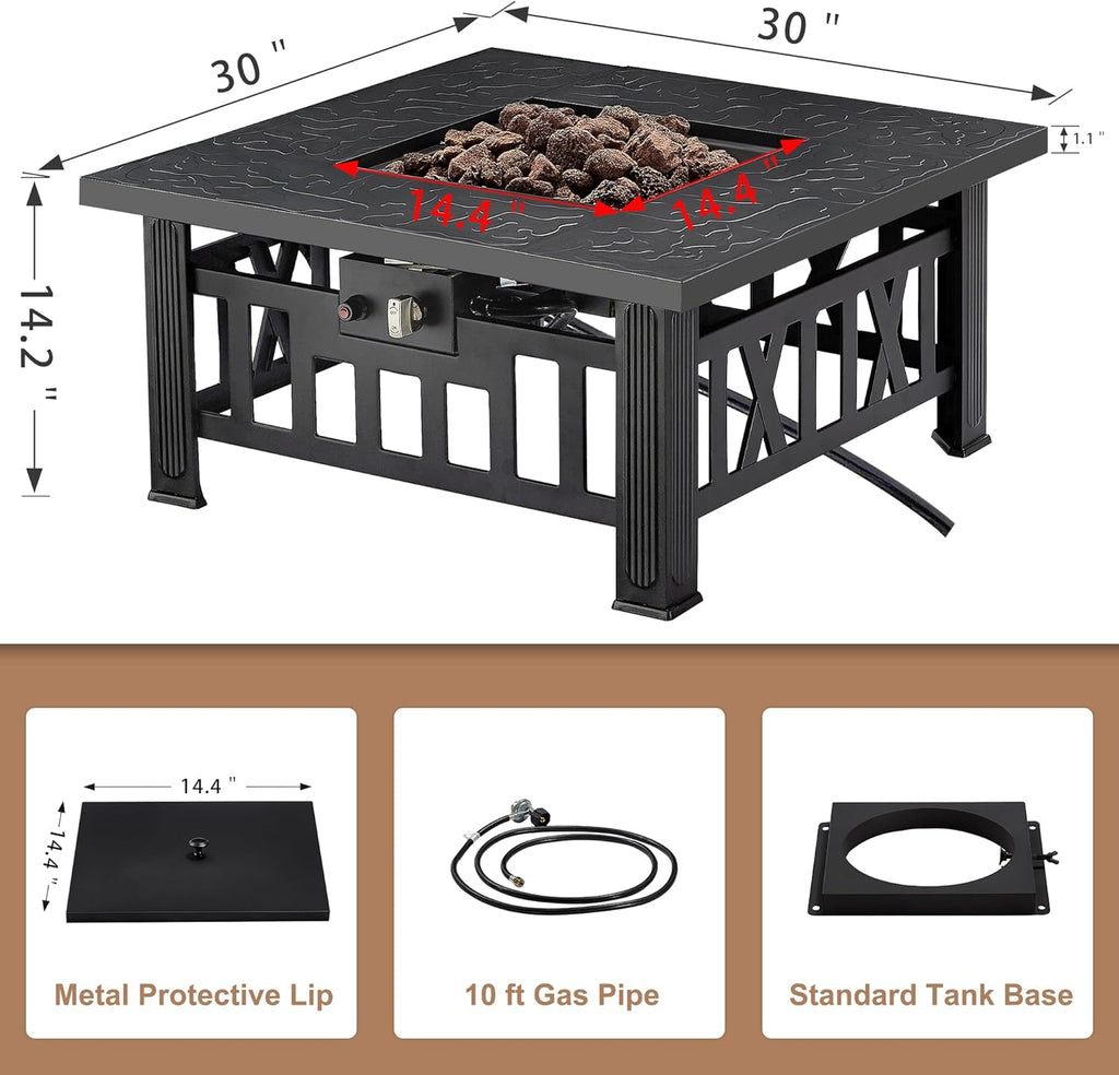 Propane Fire Pit, 30 Inch Outdoor Gas Fire Table, 50,000 BTU Square Firepit with Lid and Lava Rock