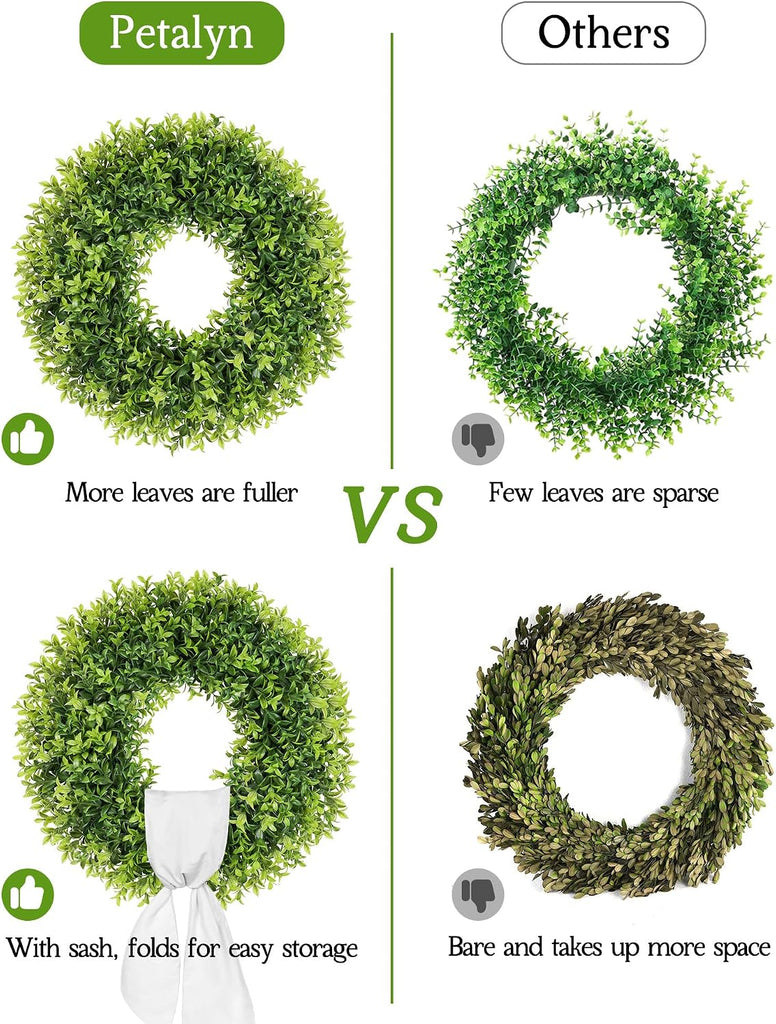 22 Inch Artificial Boxwood Wreaths for Front Door with Sash Outdoor Summer Wreath for Front Door, Spring Green Wreath