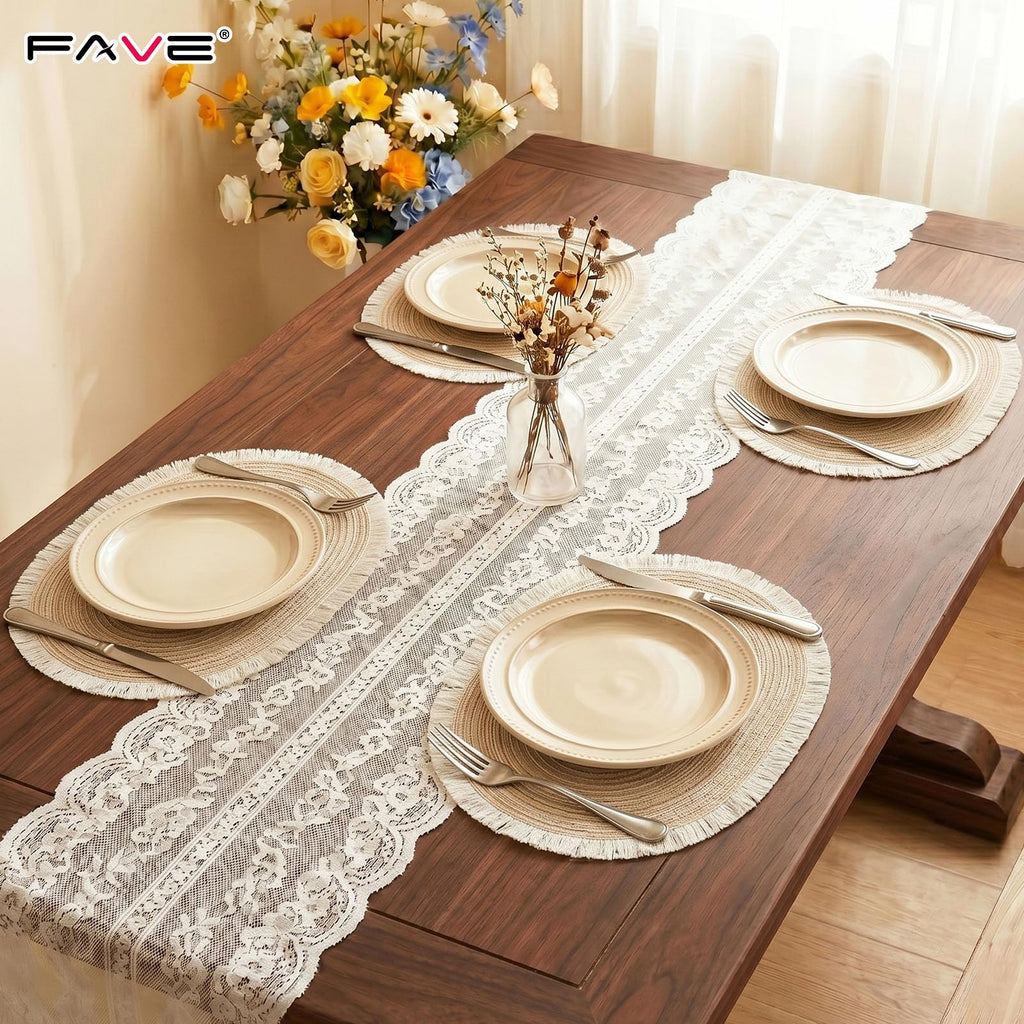 Boho Oval Woven Placemats Set of 6, Washable Table Mats with Tassels