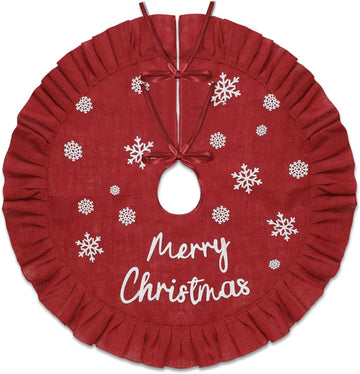 31 Inch Christmas Tree Skirt Linen Burlap Red Tree Skirt with Ruffle Rustic Farmhouse Trees Ornaments Snowflake Xmas