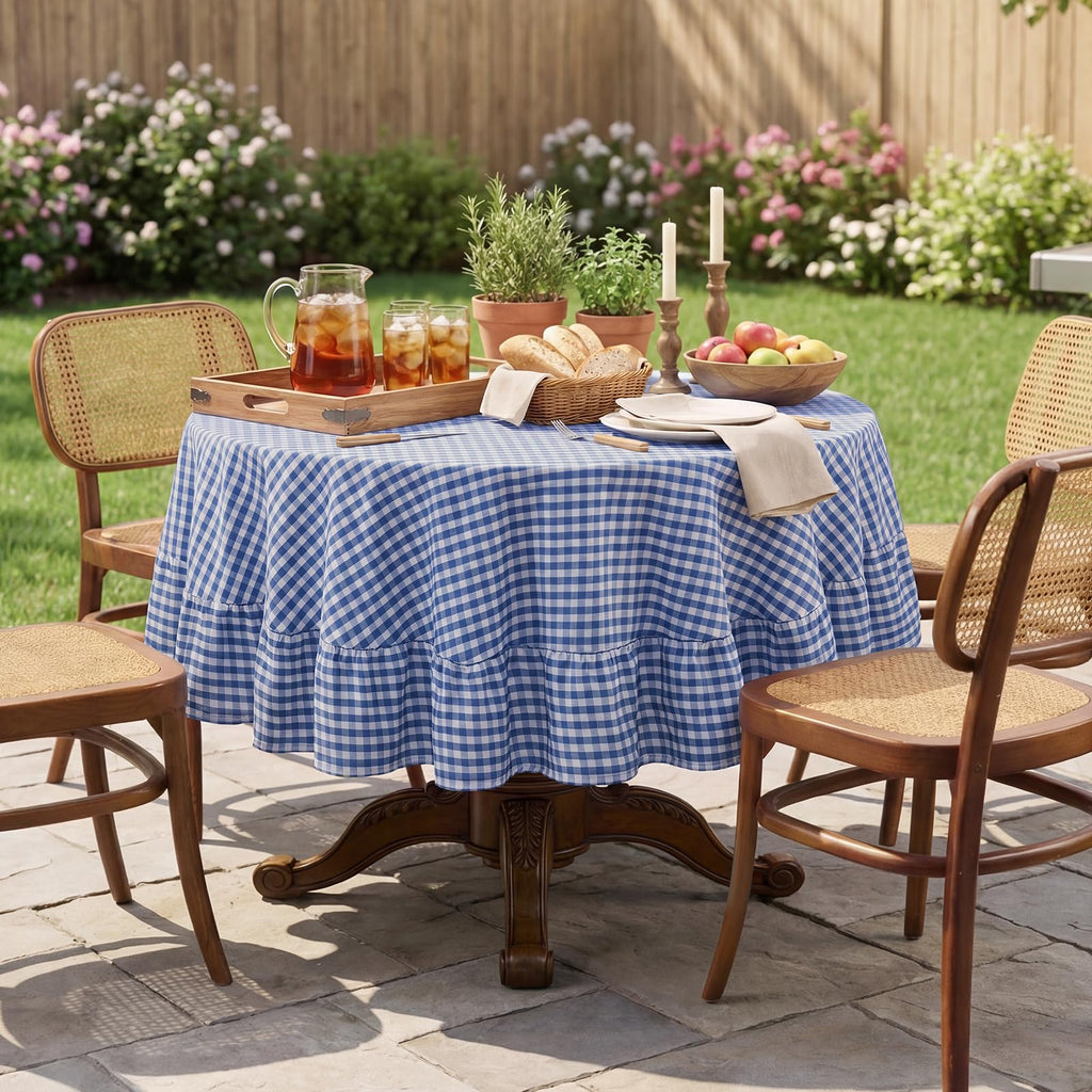 Gingham Ruffled Round Tablecloth, 70 Inch, Blue