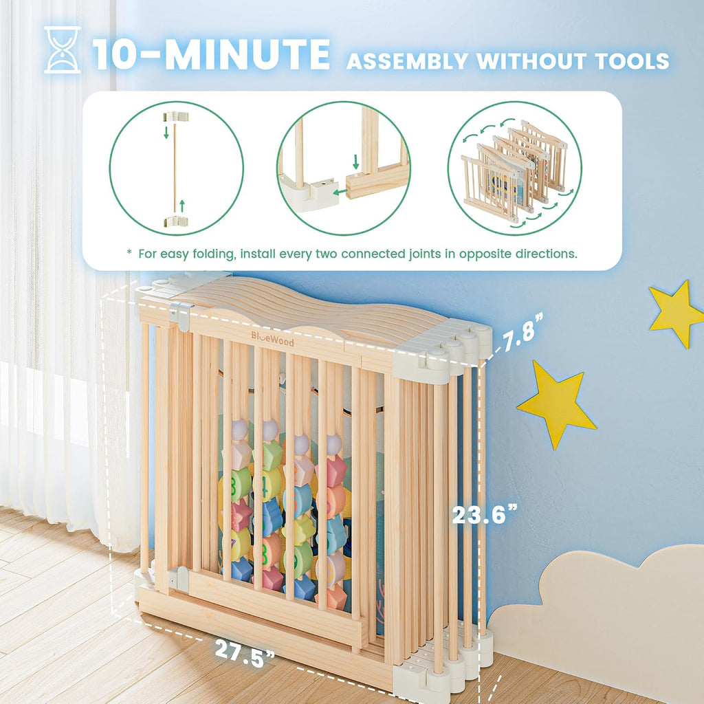 Foldable Wooden Playpen, 55 x 55 x 24 inches, Ocean Adventure, Natural | Adjustable Wood Baby Play Yard with