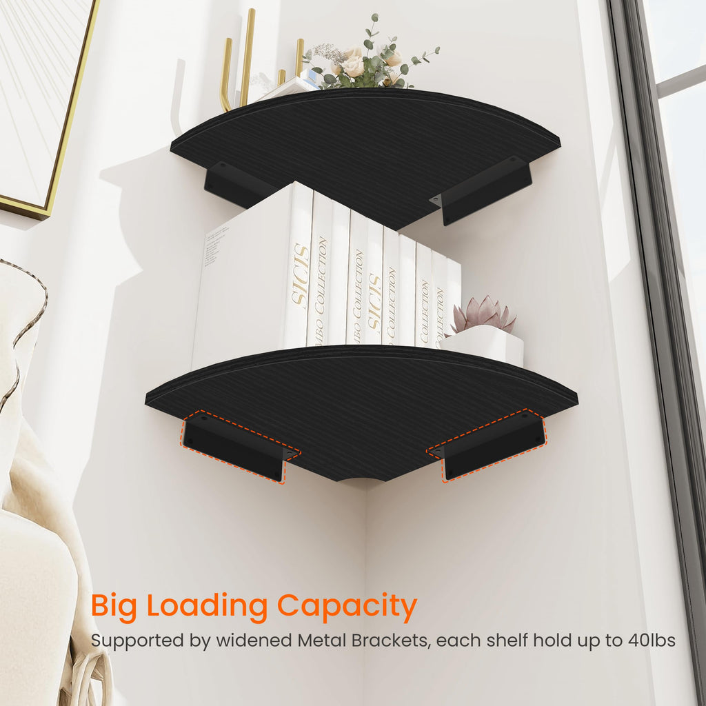 Corner Shelf Wall Mount, 4 Tier Rounded Corner Floating Shelves, 12 Inch Deep Hanging Corner Shelf Storage, Wood