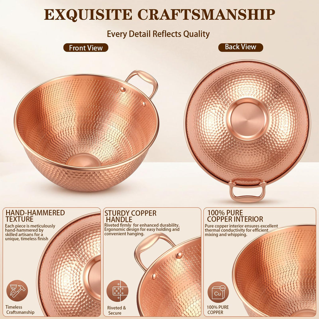5 Qt Large Hammered Pure Copper Mixing Bowl with Handle