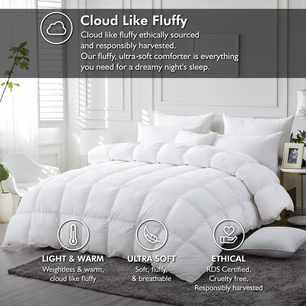 Luxurious White Solid Medium Weight, Queen Size Goose Feathers Down Comforter for All-Season Weather Duvet Insert