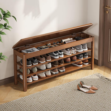 Shoe Rack Bench Seat Rubberwood 3-Tier Wooden Storage Bench 550lbs Compact Mid-Century Modern Design, Closet, Front