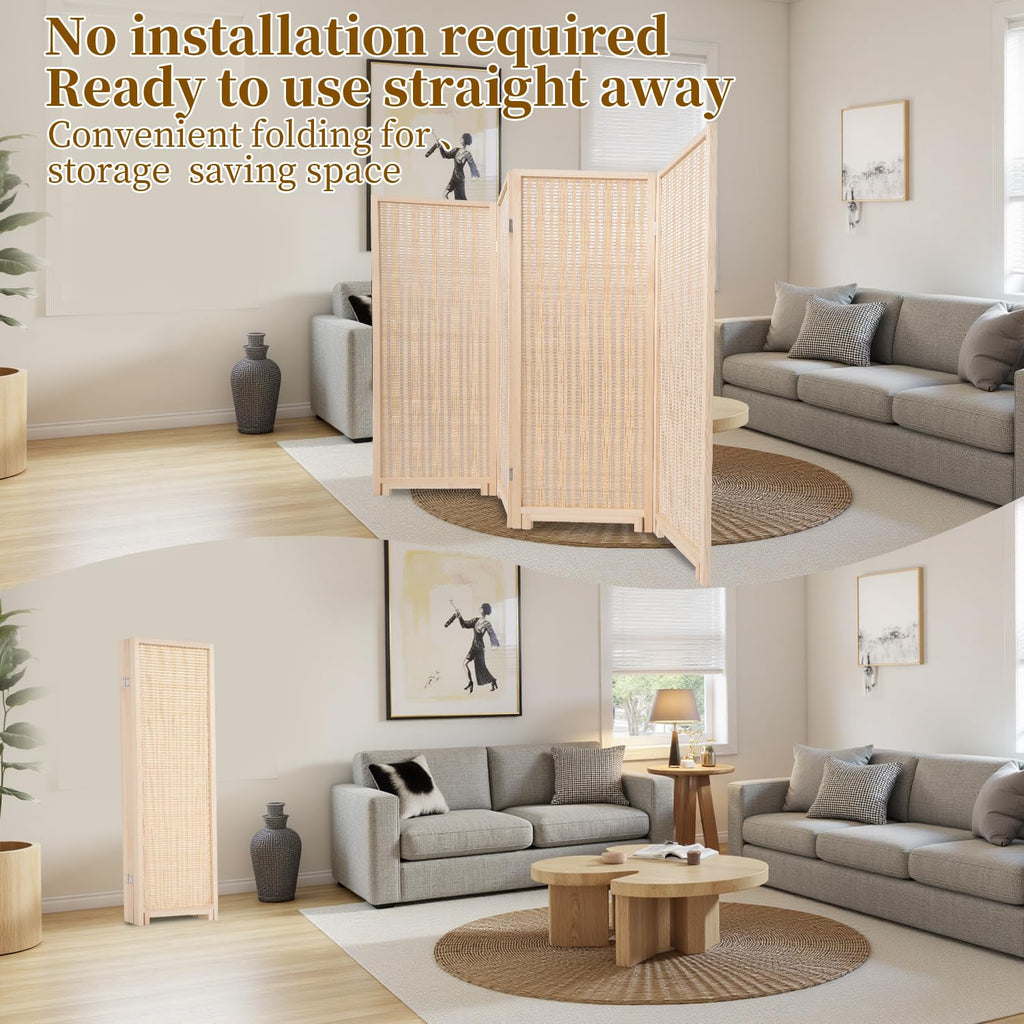 Bamboo Room Divider 4 Panel 47" H, 360°Rotating Feet Privacy Screen, Beige
