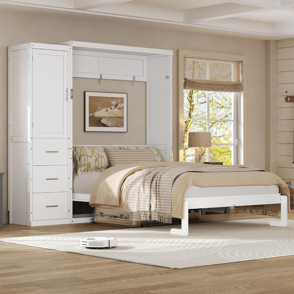 Full Murphy Bed with Wardrobe and Drawers, Space-Saving Wall Bed Frame with Storage Cabinet, Foldable Platform Bed