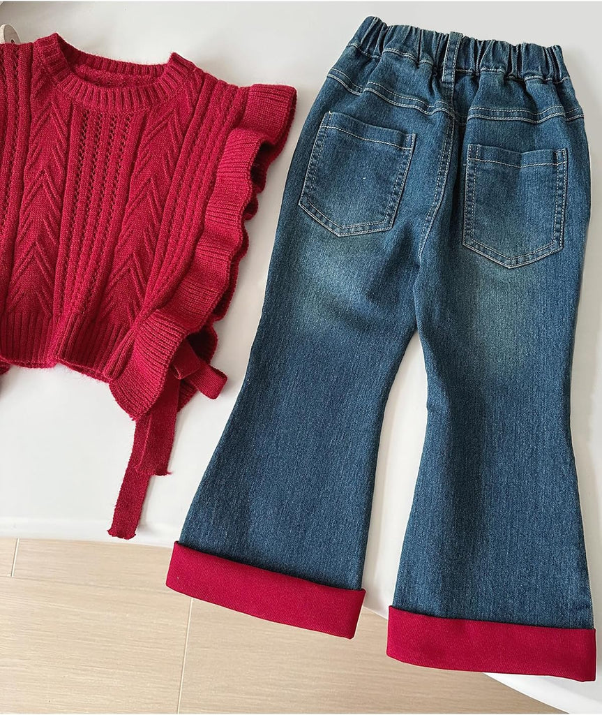 Toddler Girl 3 Piece Set Long Sleeve Shirt with Lace Bow Knitted Vest & Denim Jeans Girls Clothing Sets Fall
