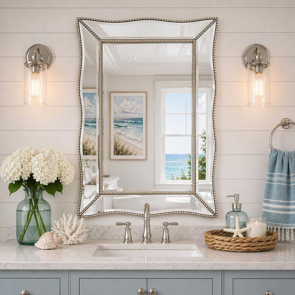 24x36 Scalloped Beaded Vintage Venetian Silver Vanity Wall Mirror