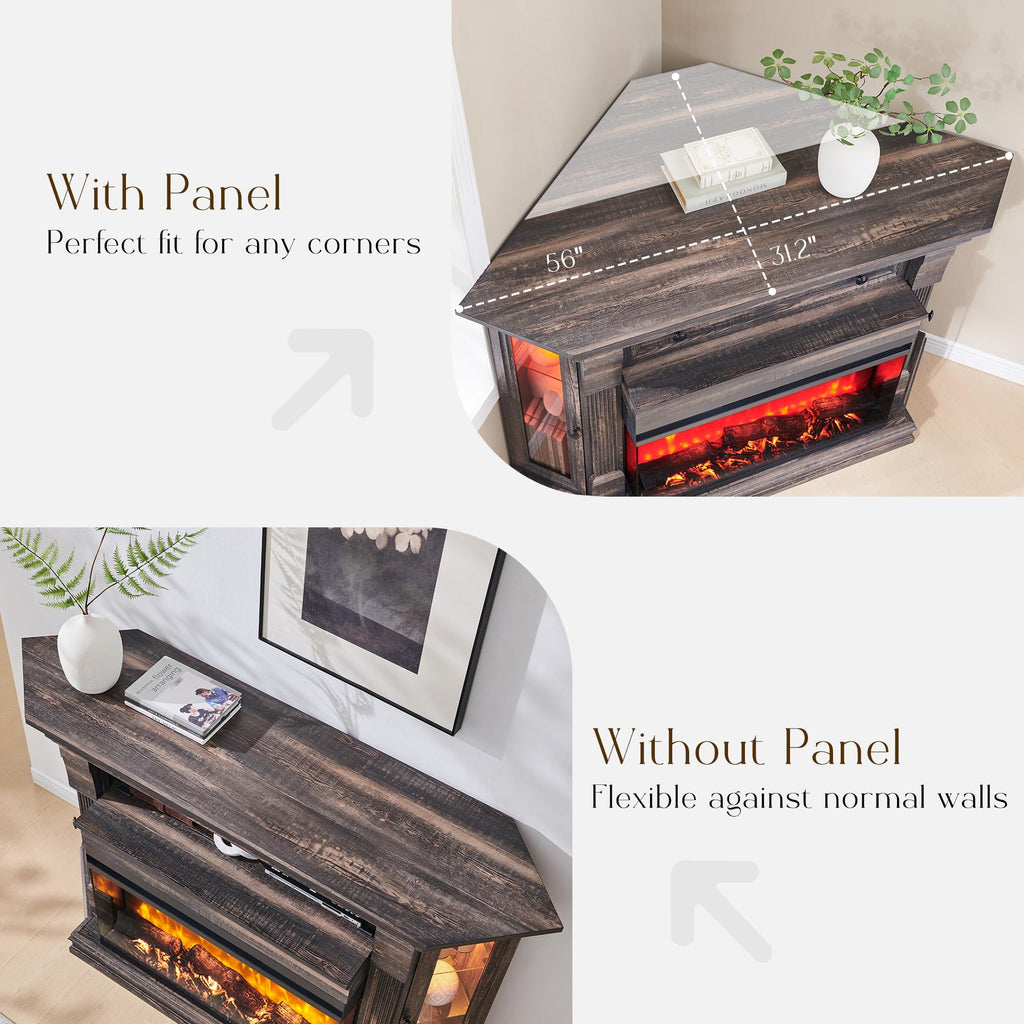 56" Farmhouse Corner TV Stand with 3-Sided Fireplace, Dark Rustic Oak