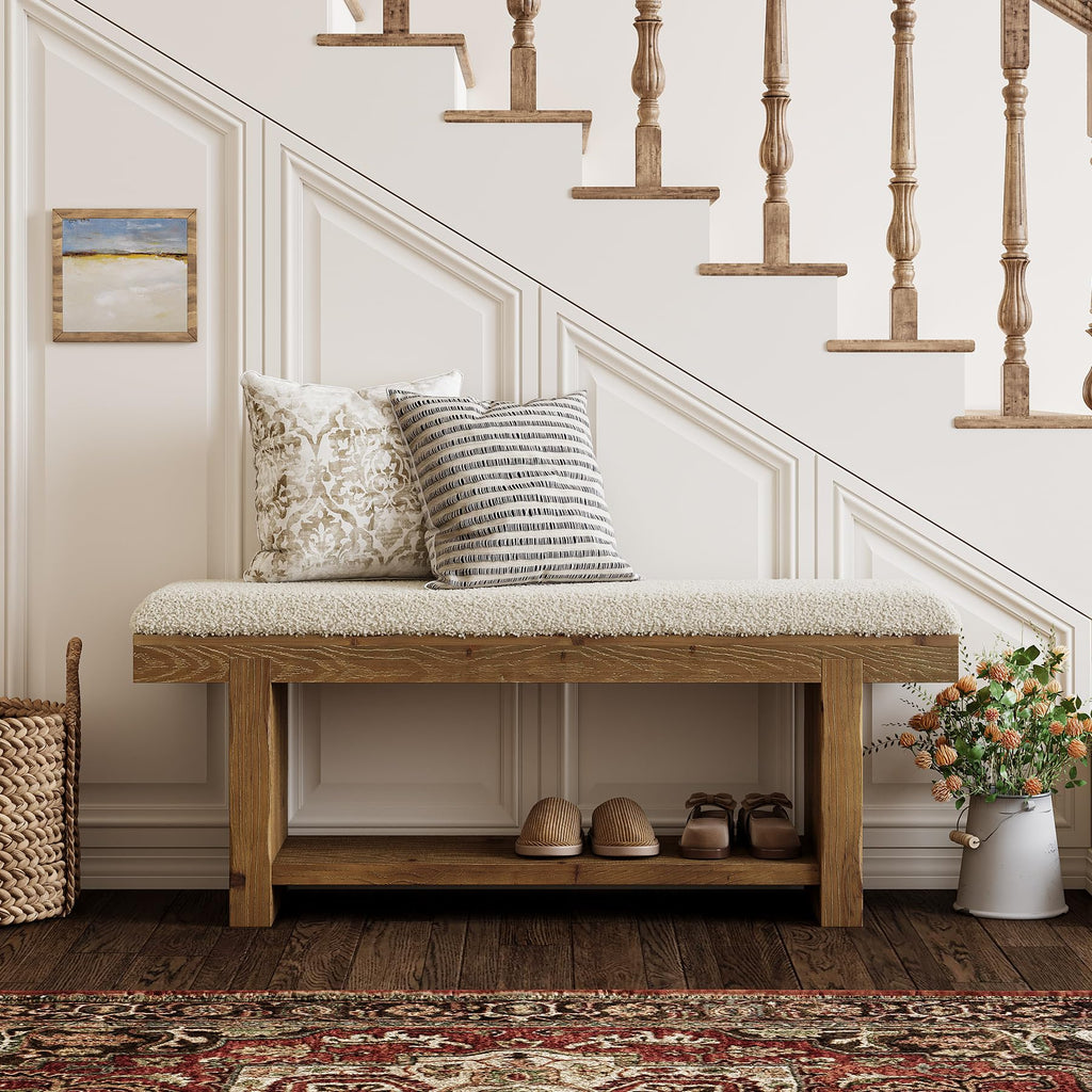 47.2-Inch Solid Wood Entryway Bench, 2-Tier Farmhouse Upholstered Bedroom Bench with Storage Shelf, Narrow Bench