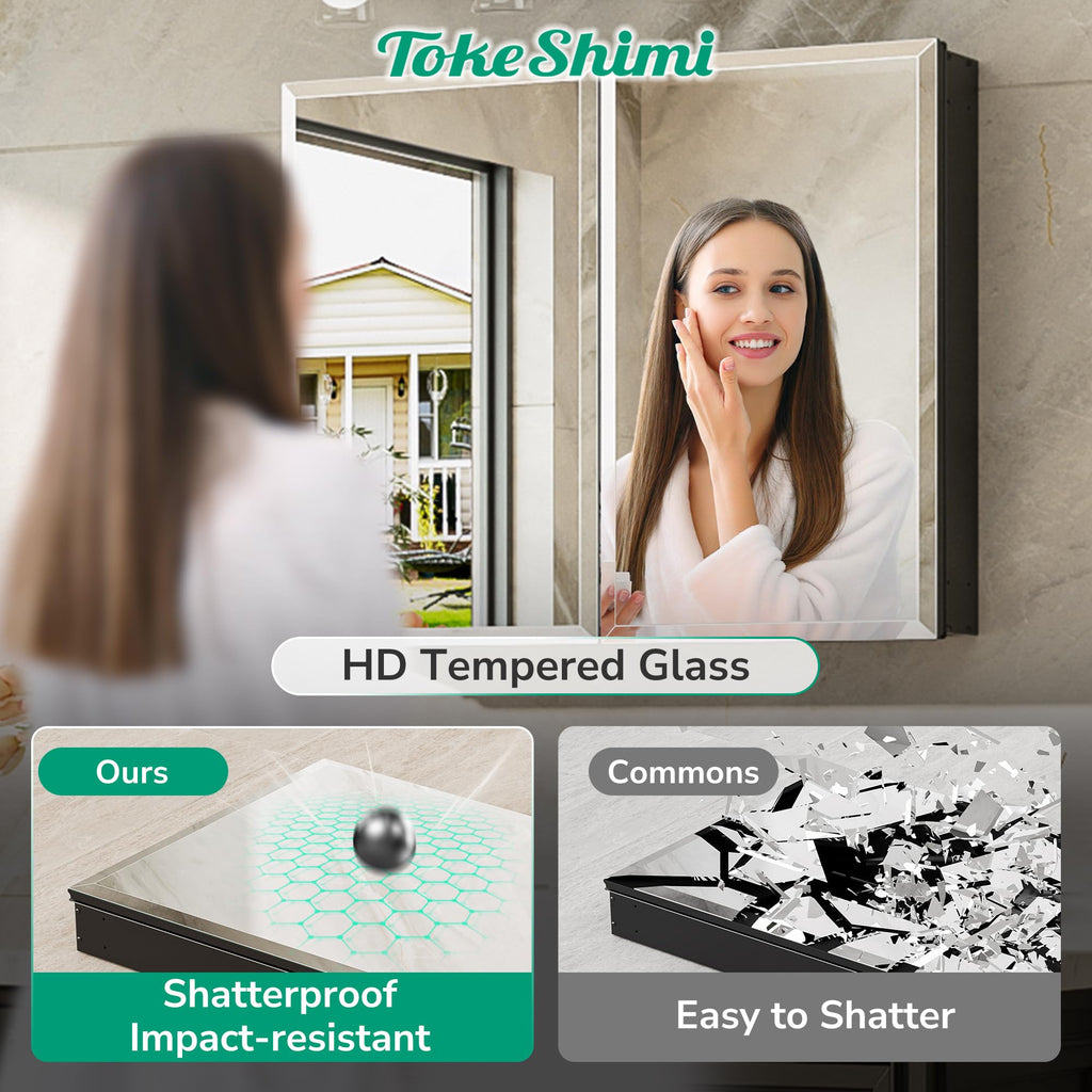 16 x 20 Black Mirrored Medicine Cabinet, Tempered Beveled Mirror, Medicine Cabinet, Assembly Required, Stepless