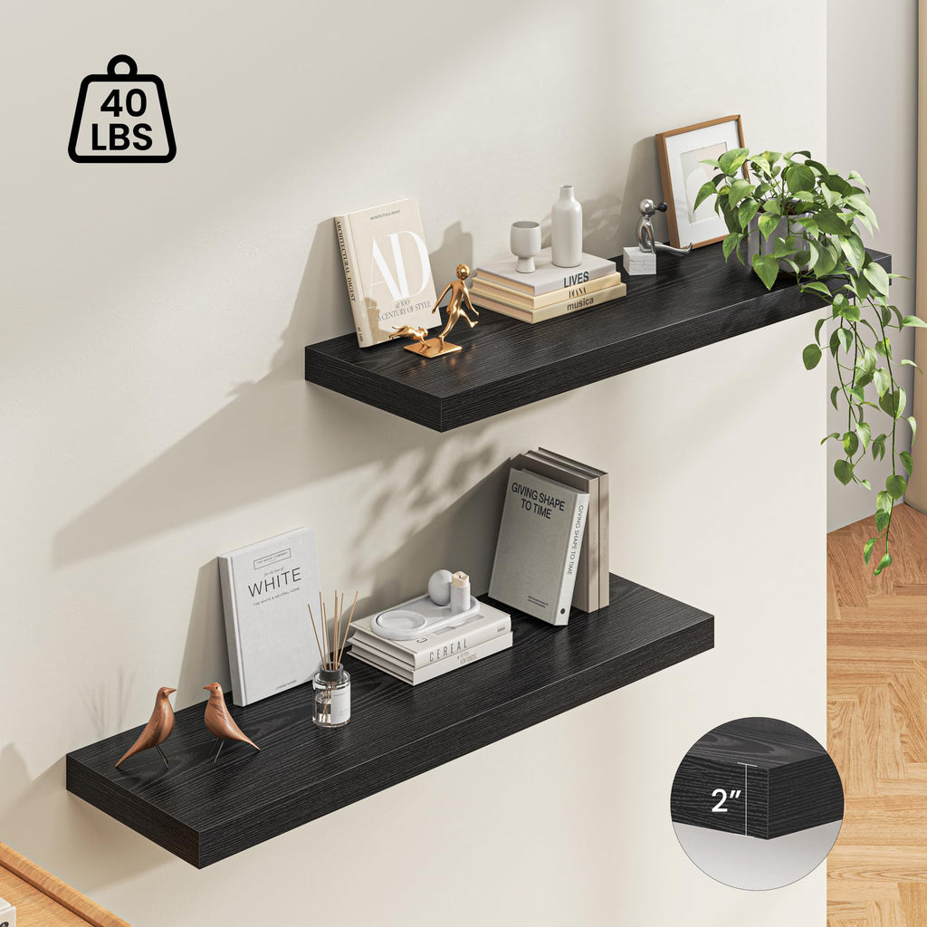 48" Floating Shelves for Wall, 12" Deep Thicker Black Floating Shelves, Wall-Mounted Shelves - Set of 2