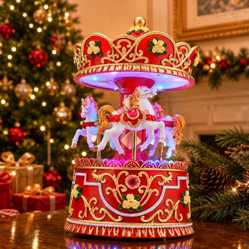 Christmas Carousel Music Box with Lights, Rotating Wind-Up Merry-Go-Round Horse Figurine, Hand-Painted Red and Gold