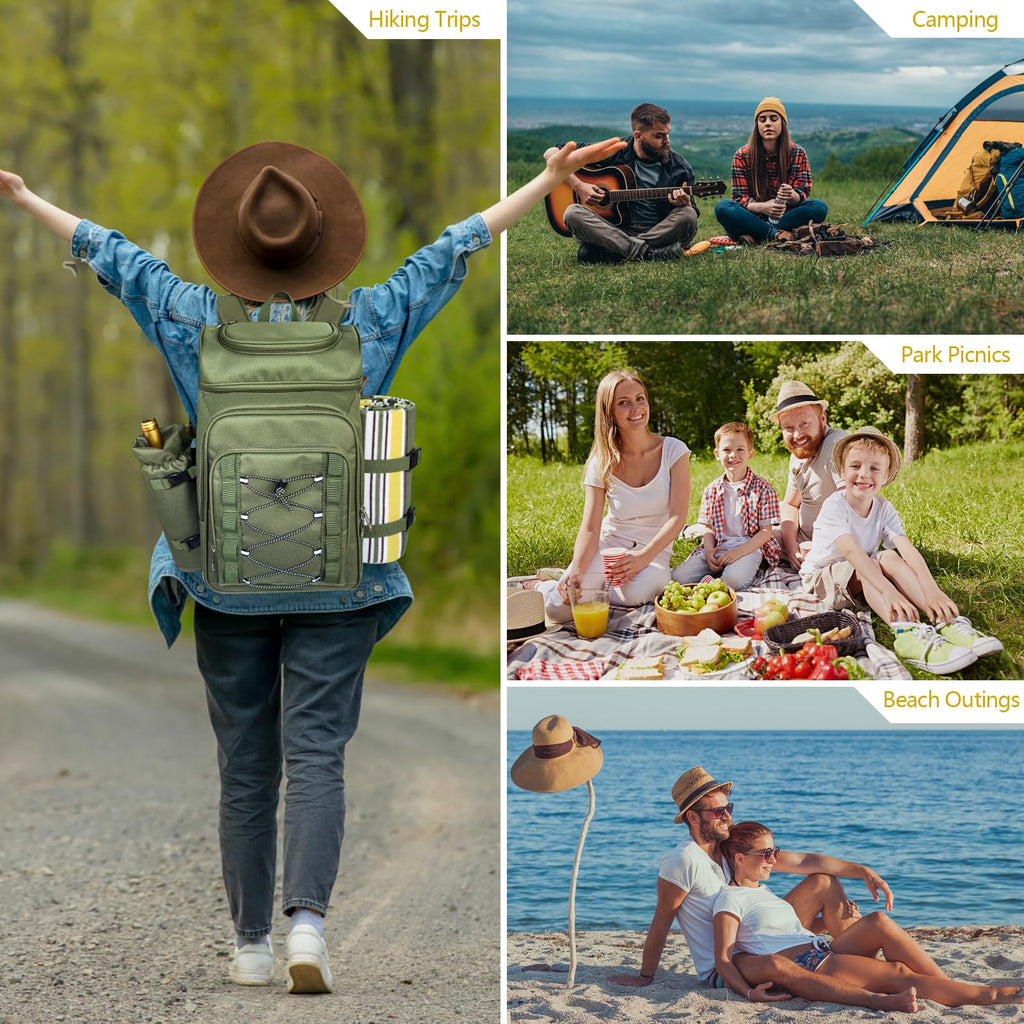 Picnic Basket Backpack for 4 Person with Blanket, Insulated Leakproof Cooler Compartment, Wine Holder, Cutlery Set
