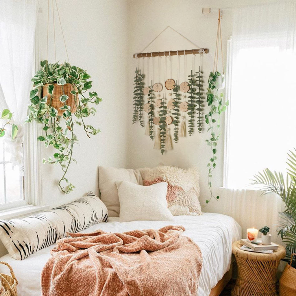 Artificial Eucalyptus Wall Decor Fake Greenery Leaves Stems Wall Hanging Plants on 16.5 inch Wooden Stick Boho Rustic