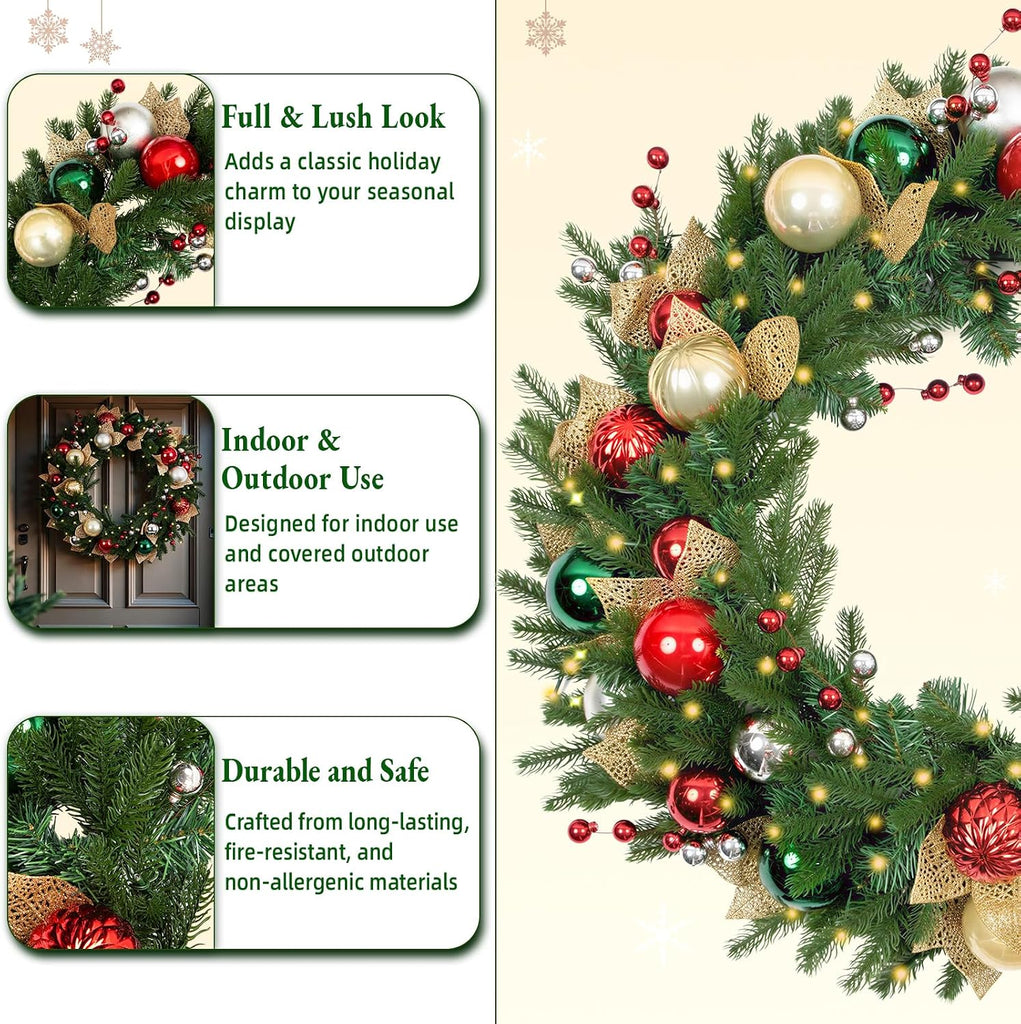 32 Inch Pre-Lit Christmas Wreath with 60 Warm White LED Lights and Timer, Battery Operated Artificial PE & PVC Wreath