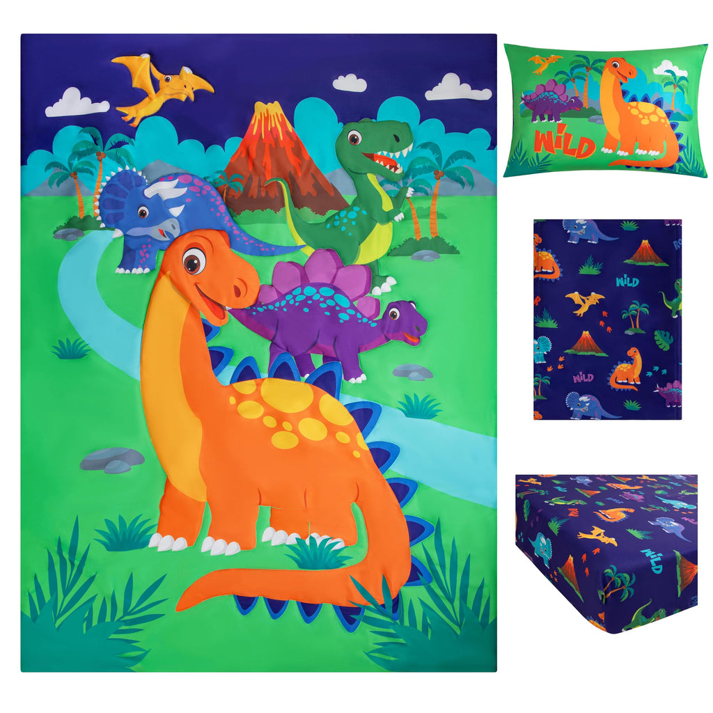 4-Piece Dinosaurs Toddler Bedding Set - Soft & Breathable Brushed Microfiber Toddler Bedding Sets for Boys, Machine