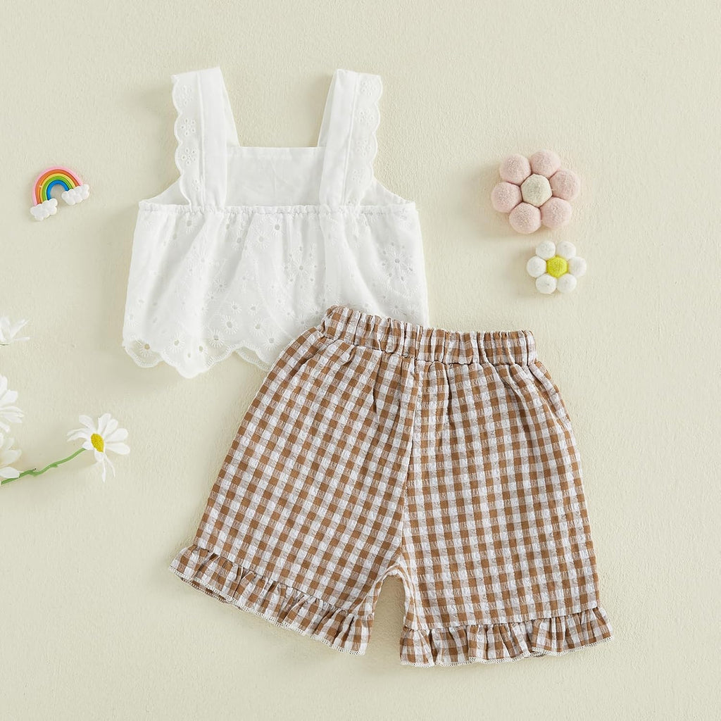 2Pcs Toddler Baby Girl Summer Outfits Sleeveless Lace Crop Top + Ruffle Plaid Shorts Clothes Set for Girls