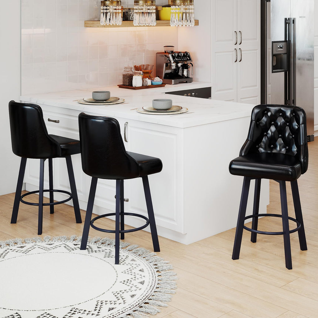 Set of 6 26" Tufted Modern Counter Height Barstools, Black
