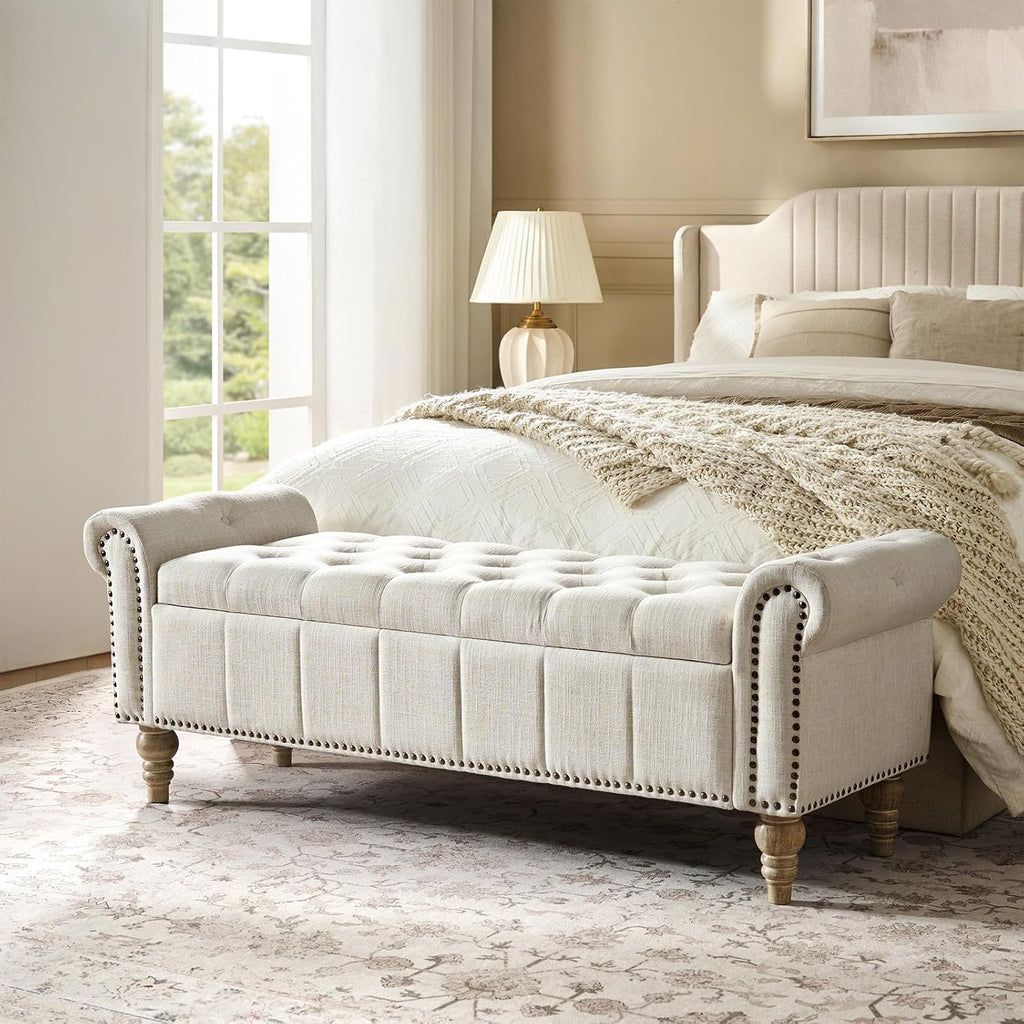 Farmhouse Storage Bench, Ivory | End of Bed Bench with Vintage Button-Tufted Design, Bedroom Bench with Storage