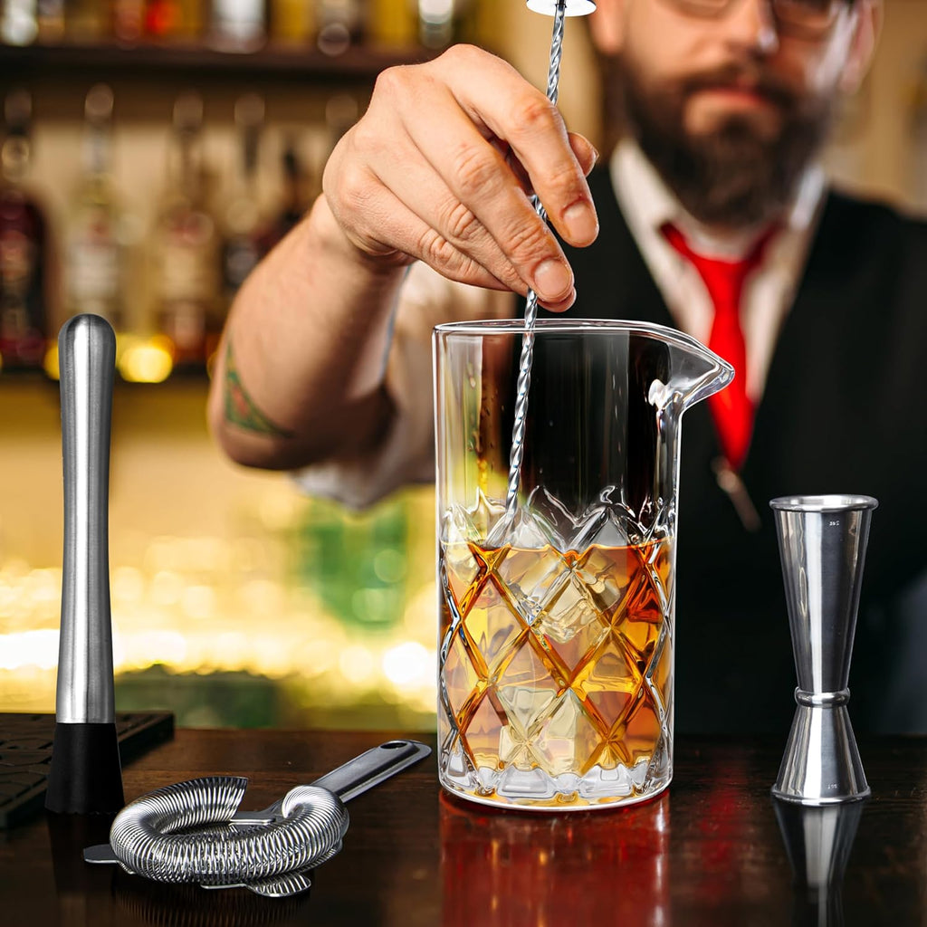 Cocktail Mixing Glass Set,Bar Mixing Set with 20oz Crystal Thick Bottom Glass,Spoon, Jigger,Strainer and Muddle,5 - Set of 5