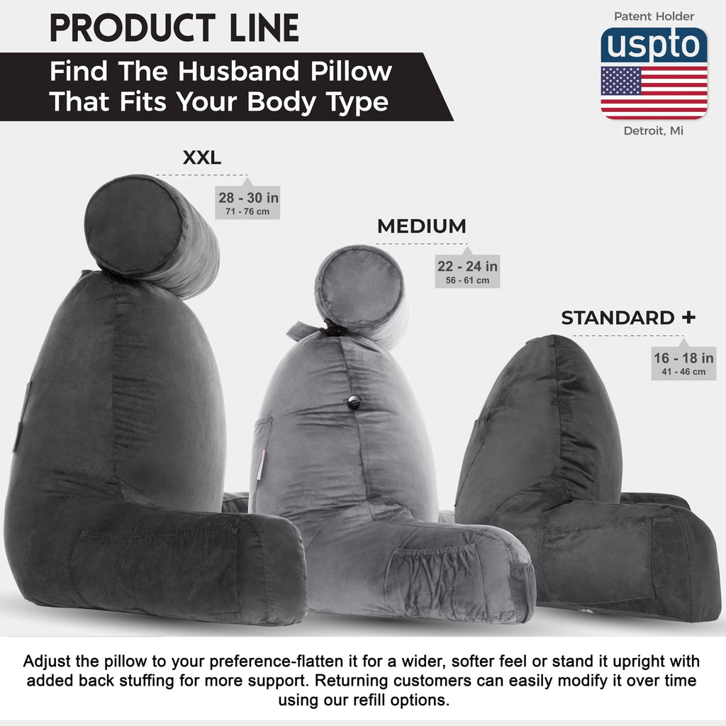 XXL Reading & Bed Rest Pillows - Premium Memory Foam Backrest Pillow with Arms & Neck Roll - Aspen Edition Iron Grey