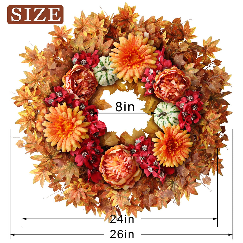 26" Artificial Fall Wreath, Silk Flowers Maple Leaf for Front Door (Orange)