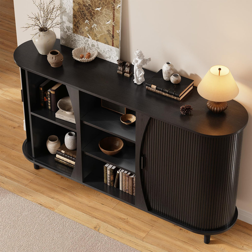 59" Curved Sideboard Cabinet with Storage Adjustable Shelf Black
