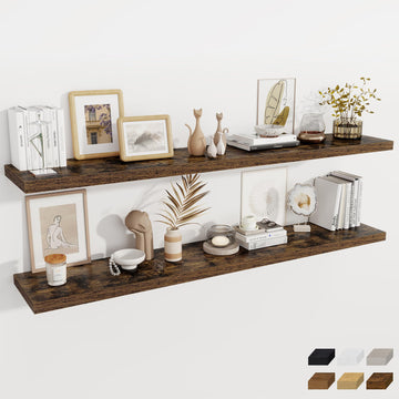 Brown Deep Floating Shelves, 72 x 12 Inch Long Wall Shelves, Large Display Shelf & Storage Shelf, Wood Floating Wall