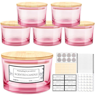 6 Pack 24oz Pink Glass Candle Jars with Airtight Bamboo Lids