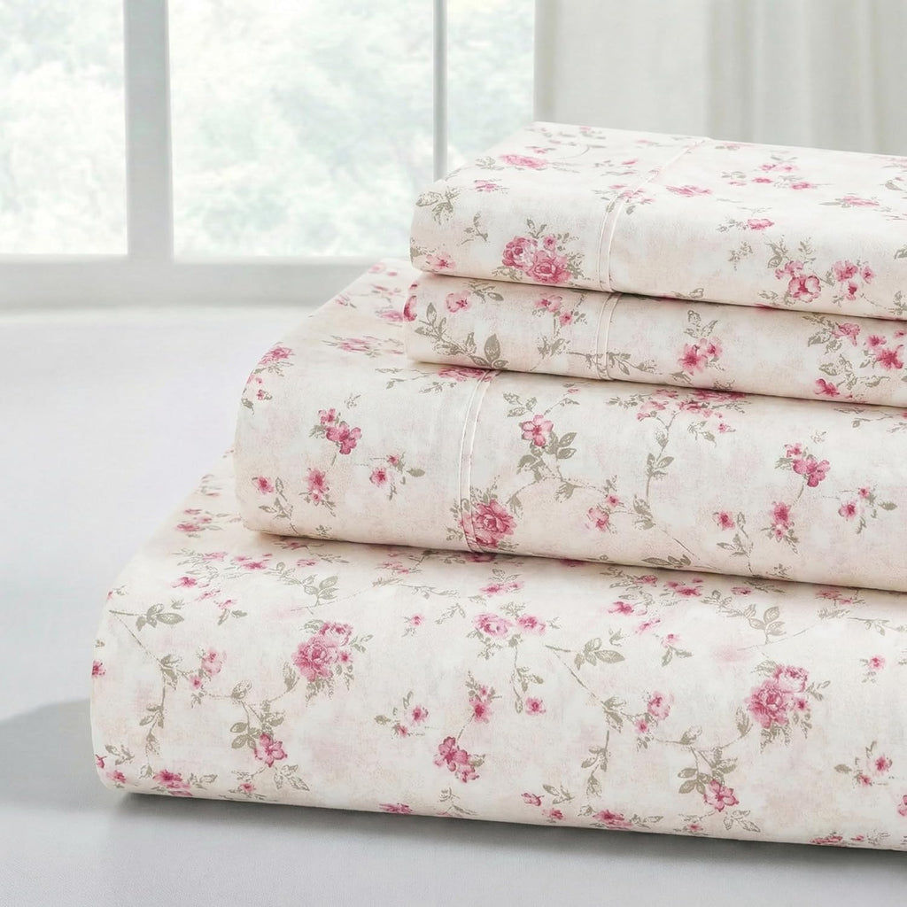 4-Piece Ultra Soft Microfiber Bed Sheets Set, Wrinkle Free Sheets with Deep Pockets Fitted Sheet, Flat Sheet & Pillowcases, Lightweight Breathable Bedding, Floral Rose, Queen
