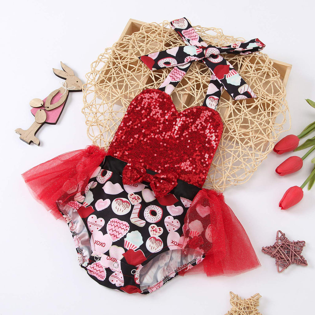 Cute Newborn Infant Baby Girl Sequins Halter Skirted Romper Heart Print Backless Sunsuit Valentine Outfit (Red, 0-6